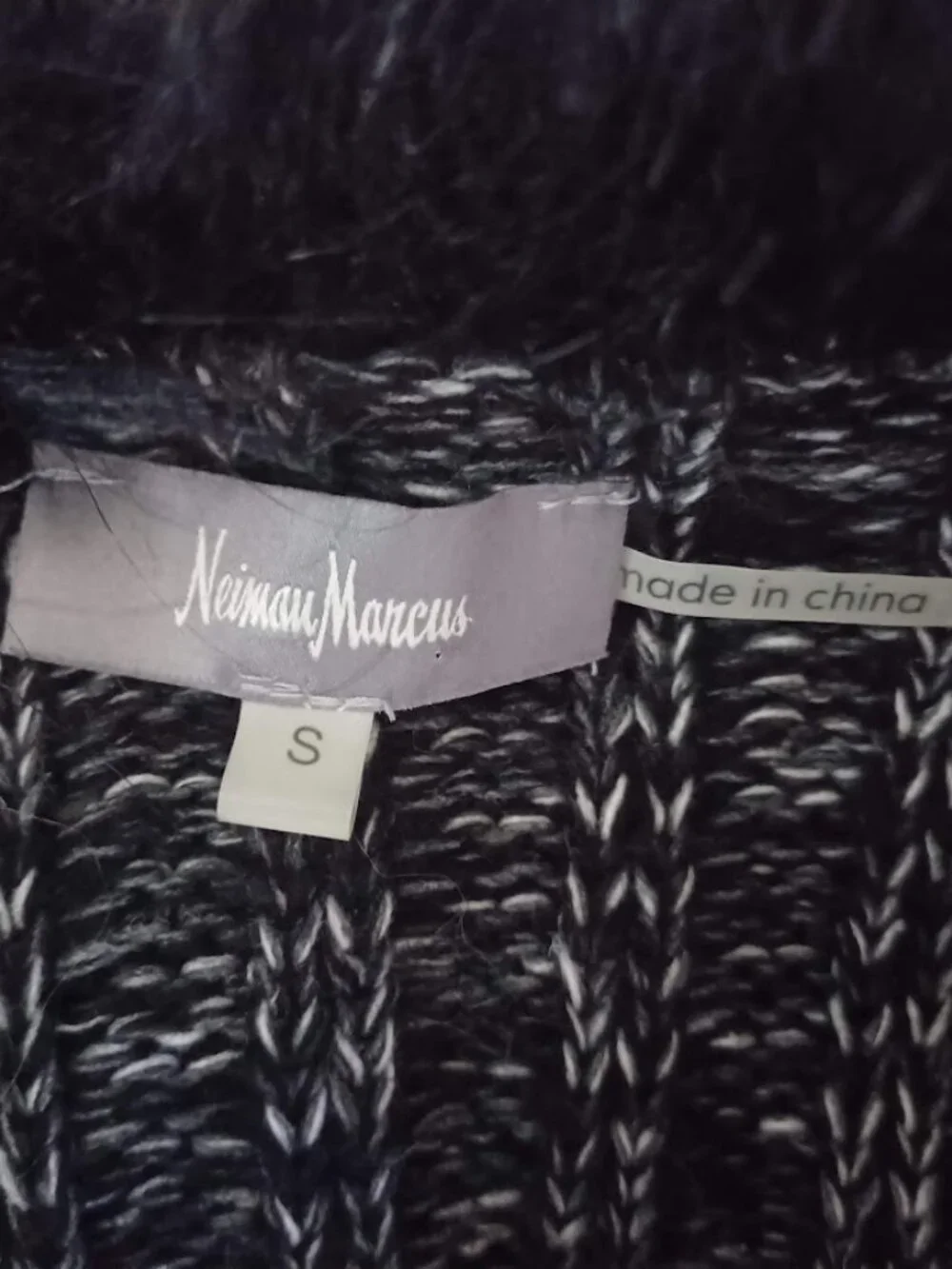Neiman Marcus Black Gray Marled Knit Faux Fur Ruffle Cardigan Sweater Jacket – S
